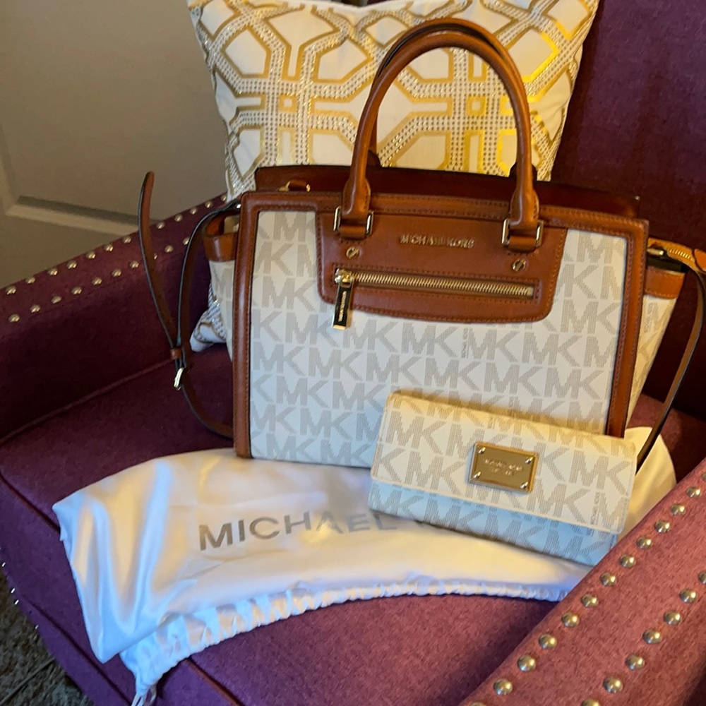 MK satchel bag in white with brown leather trim.